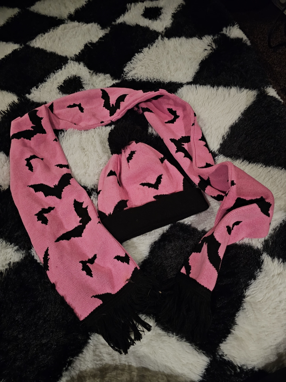 Pink Bat Pattern Knit Beanie and Scarf Set